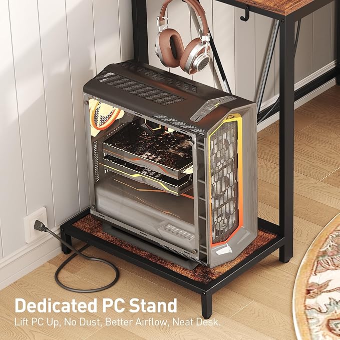 RALGEND 43.3 Inch Computer Desk with 4 Fabric Drawers, Gaming Desk with Storage, Shelves & Power Outlet, Industrial Gaming Desk with Hutch, LED Lights and Monitor Stand, for Home Office, Rustic Brown