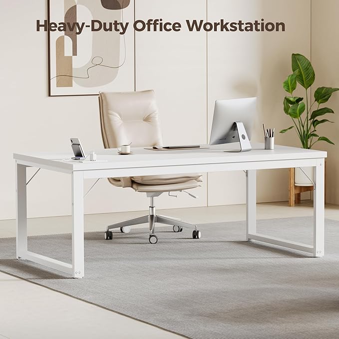 Mericonia 54 Inch Computer Desk with Power Outlets, 1.2" Thick Heavy Duty Industrial Office Desk, Modern Simple Study Writing Table for Home Office Bedroom Workstation, White