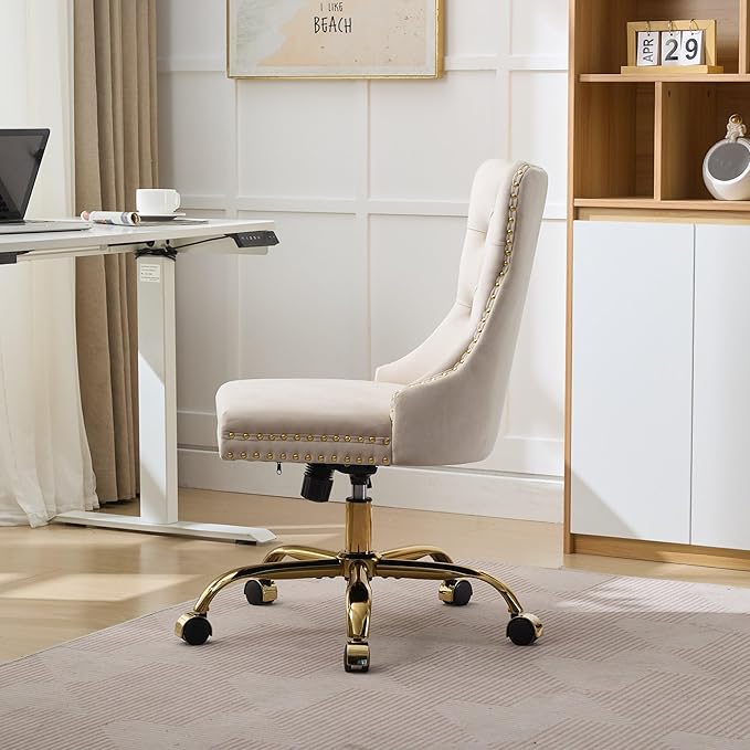 Goujxcy Desk Chair, Modern Velvet Upholstered Tufted Button Home Office Chair, 360° Swivel Armless Desk Chairs, 120°Rocking Ergonomic Computer Task Vanity Chairs, Beige & Gold
