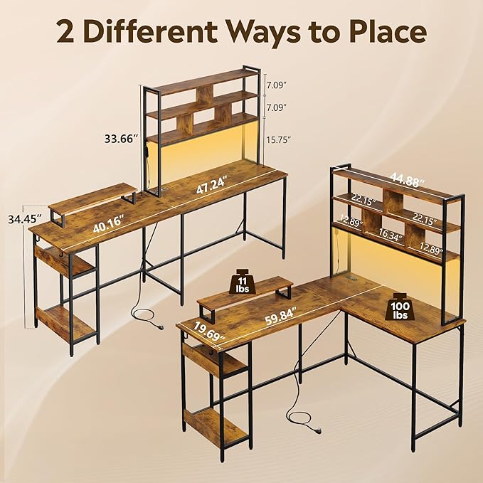 DEVAISE L Shaped Gaming Desk with Hutch, Reversible Computer Desk with LED Light, 3-Tier Shelves, 2 AC+2 USB Outlet and Monitor Stand, Corner Desk with Storage for Home Office (Rustic Brown, 60 Inch)