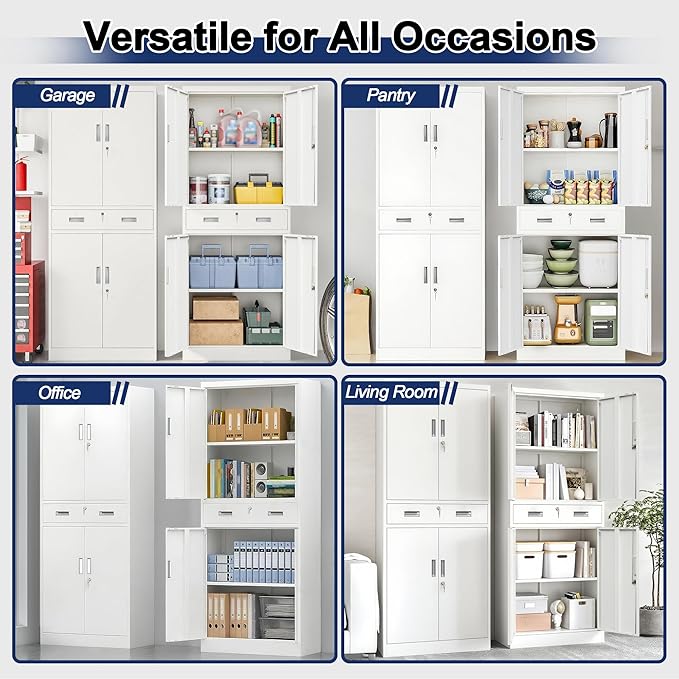 BESFUR Metal Storage Cabinet with a Drawer 4 Doors and 2 Adjustable Shelves Garage Storage Cabinet with Lock 71" Office Storage Cabinets Locking Cabinets for Garage Office Shop Home (White)