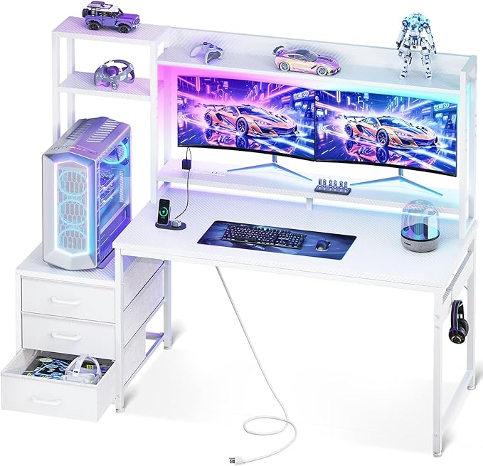 Casaottima 55 Inch Computer Desk with Hutch & 3 Fabric Drawers, White Desk with USB Ports & LED Lights, Reversible Pc Gamer Table with Monitor Stand for Home Office, White