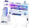 Casaottima 55 Inch Computer Desk with Hutch & 3 Fabric Drawers, White Desk with USB Ports & LED Lights, Reversible Pc Gamer Table with Monitor Stand for Home Office, White