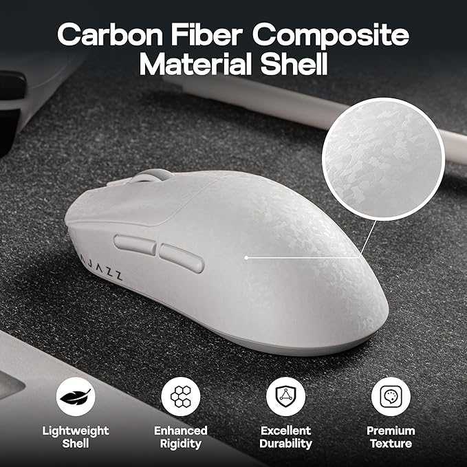 MechLands AJAZZ AJ199 Lightweight Gaming Mouse with Carbon Fiber Shell, 2.4G/USB-C/BT Wireless Mouse with 500mAh Battery, Adjustable 12,000 DPI & 1KHz Polling, PAW3311 Sensor for PC/Mac/Gaming (White)