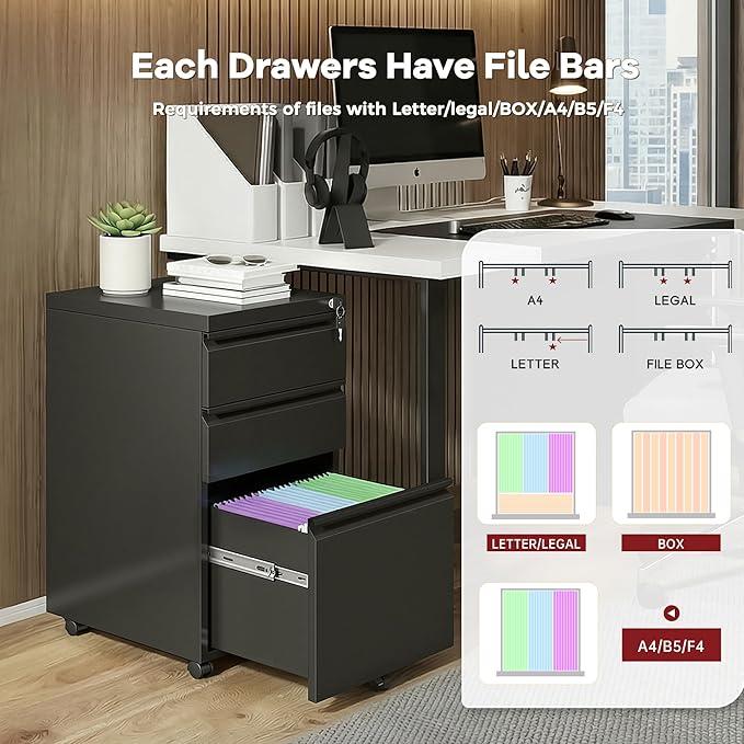 Bonusall 3 Drawer File Cabinet with Lock, Small Under Desk Filing Cabinet for Home Office, Fully Assembled Metal Rolling Storage Fits A4/Letter/Legal, Black