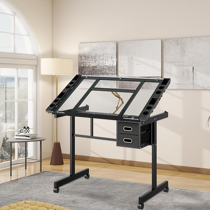 Rolling Drafting Table on Wheels, Painting Table Art Craft Desk Crafting Table with Tilting Transparent Tempered Glass Top, 2 Fabric Storage Drawers and 4 Wheels (Black)