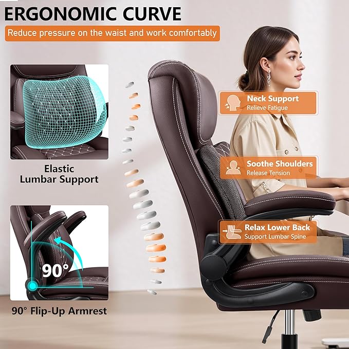 BESTFAIR Office Chair, Ergonomic Computer Desk Chairs with Lumbar Support for Lower Back Pain Relief, Executive Leather Home Chair Comfy with Padded Flip-up Armrests, Coffee, 6-Pack