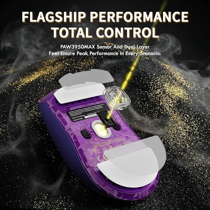 ATTACK SHARK X11 Ultra Carbon Fiber Wireless Esports Gaming Mouse,8k Polling,PAW3950MAX Sensor,63g Ultra-Ligh Ergonomic Gaming Mice,2.4Ghz/BT/Wired,with RGB Coiled Cable-Metallic Purple&Griptape