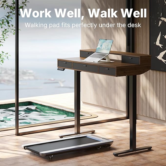 HUANUO 48 x 24 inch Electric Standing Desk with 4 Drawers, Adjustable Height Sit Stand Home Office Desk, C-Clamp Mount Compatible, Ergonomic Stand up Desk with 4 Preset Heights, Walnut