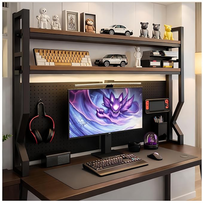 Desktop Hutch Bookshelf,Many Gifts,Metal Desktop Bookcase with pegboard, Desk Shelf, Countertop Storage Organizer Rack for Dorm or Office,Desktop Shelves (Natural+Black, 53.1" Lx9.9 Wx39 H)