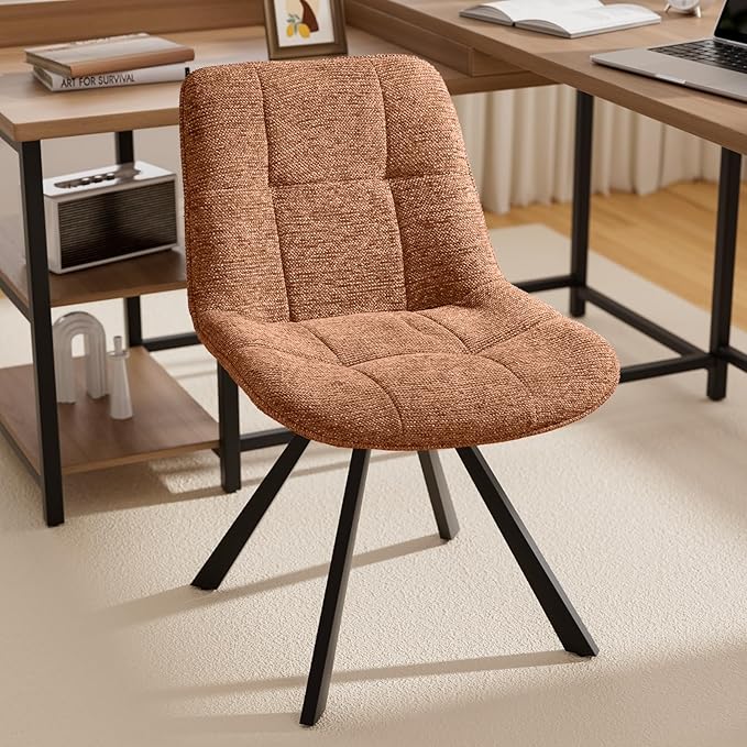 Small Desk Chair No Wheels, Swivel Velvet Vanity Chair No Arms, Armless Office Chair with Back and Metal Legs for Small Space, Bedroom, Home Office, Mid Century Modern, Caramel Brown