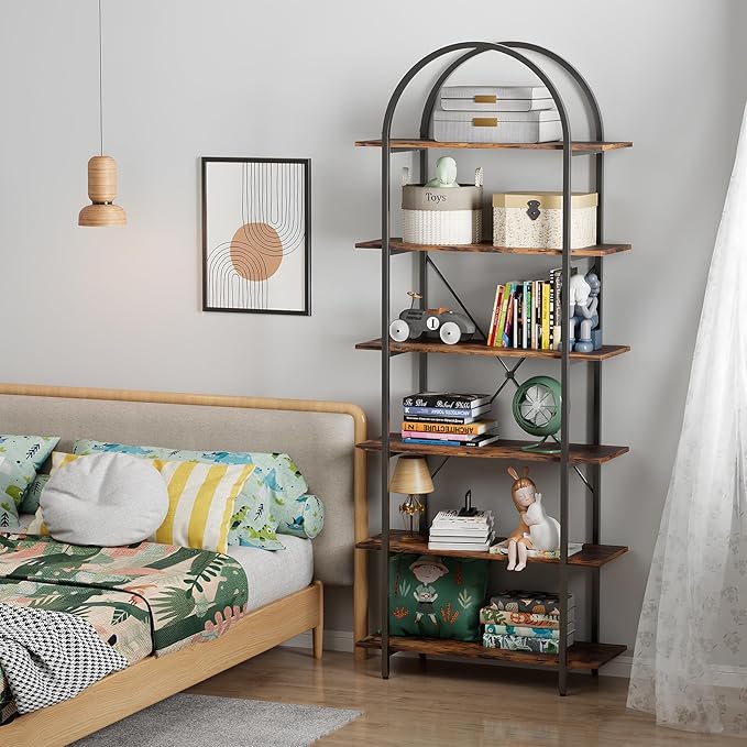 Arbuxzuy 6 Tier Bookshelf, 83" Tall Arched Bookcase, Tall Book Shelf with Metal Frame, Industrial Display Standing Shelf for Living Room, Home Office, Bedroom, Brown