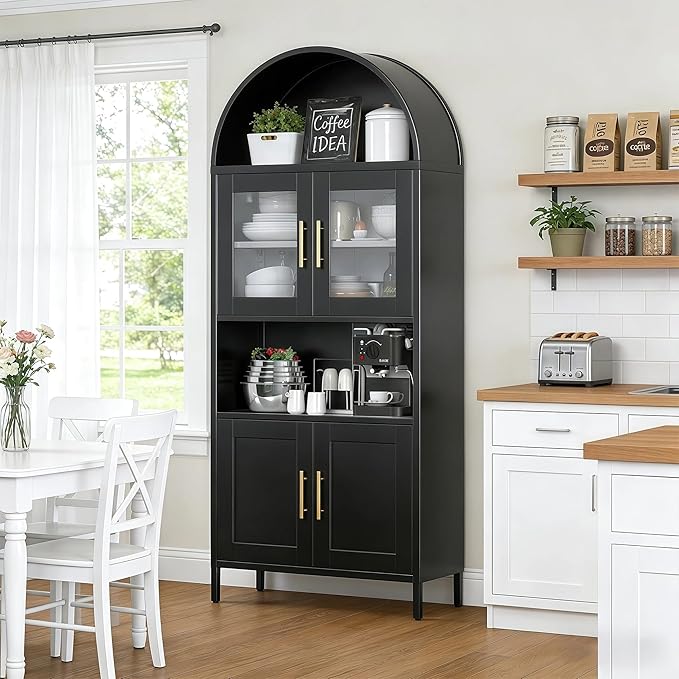 VEXPOR 73" Tall Arched Kitchen Pantry Cabinet with Doors, Metal Arched Hutch Cabinet for Kitchen, Dining Room, Living Room, Assembly Required, Black