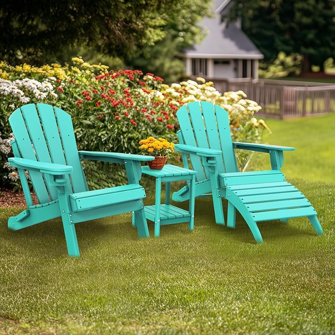 IVY&LANE Outdoor Adirondack Ottoman | Folding | Set of 2 | HDPE | Aqua | All Weather | Waterproof Patio Footrest for Adirondack Chair | Poly Lumber Foot Rest for Deck Backyard