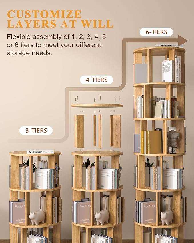 IUNVR Rotating Bookshelf, 4 Tier Solid Wood Bookshelf Tower with Lockable Wheels, 360° Spinning Revolving Bookcase for Small Spaces, Corners, Bedroom, Kids Room, Home Office, Natural