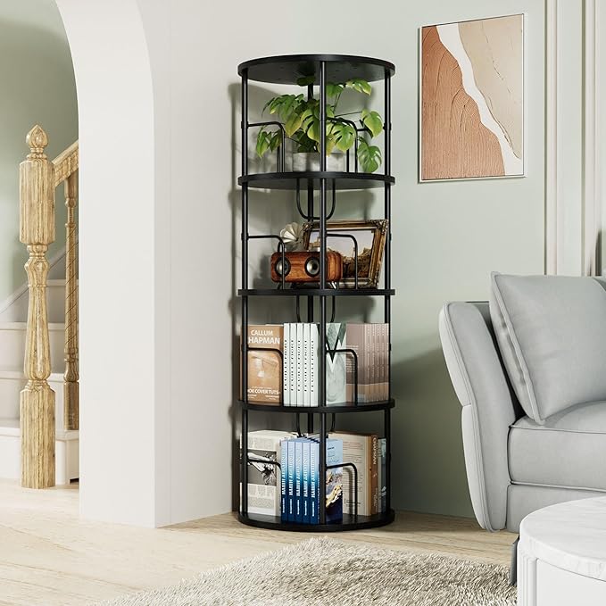 Flycity 4 Tier Rotating Bookshelf, 360° Corner Bookshelf Tower, Round Revolving Bookcase with Special Visible Partition Storage, Narrow Book Shelf Organizer for Living Room, Small Space, Black