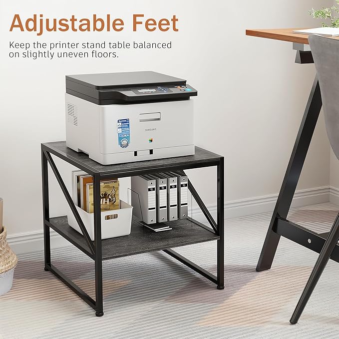 2-Tier Large Priner Stand with Storage Shelf, 20"×20" Under Desk Printer Table for Home Office Organization, End Table for Living Room, Heavy Duty Storage Rack for Scanner Fax Heat Press, Grey Oak