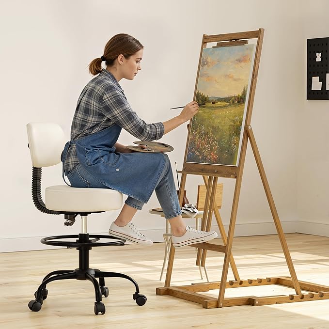 Drafting Chair with Back, Adjustable Foot Rest Rolling Stool (1, Beige)