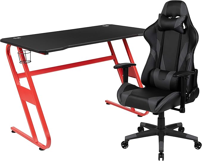 Flash Furniture Optis Red Gaming Desk and Gray Reclining Gaming Chair Set with Cup Holder and Headphone Hook