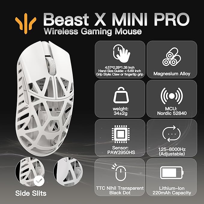 WLMOUSE Beast X Mini Pro Ultra-Light 34g Magnesium Gaming Mouse, PAW3950 HS Sensor, 8K Polling Rate, 30000 DPI,OM & TTC Switches, Customizable Side Panels.(Milky White(TTC Switch-Side Slits))