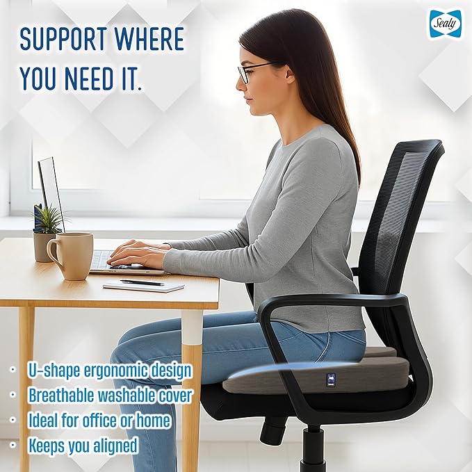 Sealy Memory Foam Seat Cushion for Car and Office Chairs Tailbone Pain Relief, Posture Support, and Comfort for Home Office Use