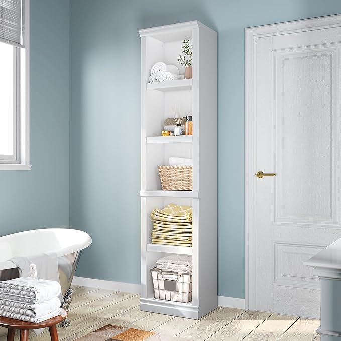 Bevfint 70" Tall Bookcase, White Narrow Floor Standing Bookshelf, 5 Tier Shelves Open Storage Organizer, Book Case for Living Room Hallway Kitchen Home Office Bathroom, White - 5 Tier