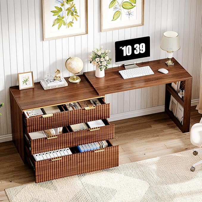 Ieejdn L Shaped Standing Desk,47" Home Office Desks, Executive, Farmhouse Computer Desk with 6 Drawers File Drawer, Rustic Computer Writing, Walnut