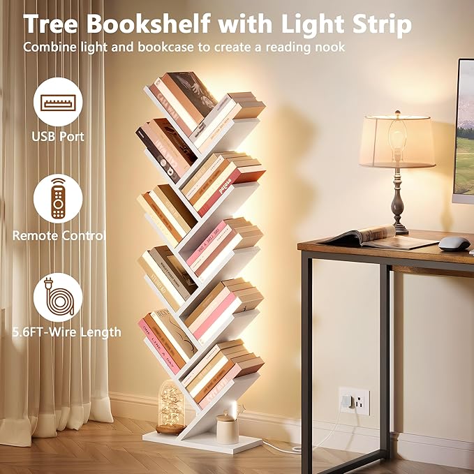 Hoctieon 10 Tier Tree Bookshelf, Tall Bookcase, Freestanding Book Shelf with LED Lights, Display Floor Standing Storage Shelf, Book Organizer Shelves for Home Office, Living Room, White