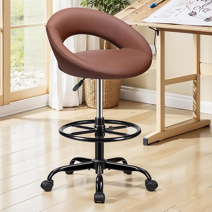 BESTFAIR Drafting Chair with Back, Height Adjustable Rolling Stool with Foot Rest, Tall 360° Swivel Stool PU Leather Chair with Wheels for Home Office, Standing Desk, Brown 4 Pack