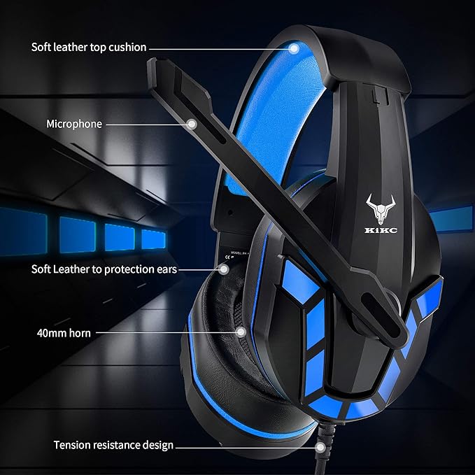 Kikc Gaming Headset with Mic for PS4, PS5, Xbox, PC, Switch, Controllable Volume Gaming Headphones with Soft Earmuffs for Mobile Phone, iPad, and Notebook, 40mm Drivers, 3.5 mm Audio Jack-Blue