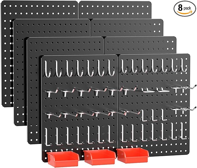 Peg Board, 114PCS Heavy Duty Metal Pegboard with Hooks, 8 Pack Black Peg Board Panels, 60lbs Load Capacity Each, Pegboard Wall Organizer for Garage, Workshop, Kitchen, Craft Rooms