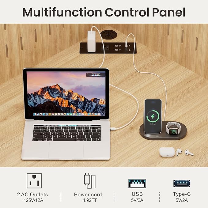 Corner Computer Desk with LED Lights, L Shaped Study Desk with Hutch & Shelves, Triangle Home Office Desk with Charging Station for Work & Study, File Cabinet Bookshelf for Small Space (Natural)