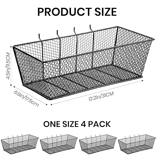 Sieral 4 Pcs Pegboard Baskets Metal Wire Shelf Baskets Peg Board Organizer Accessories Wall Mount Organizer Attachments for Garage Workbench Various Tool Accessories, 2 Sizes (Black,Large)