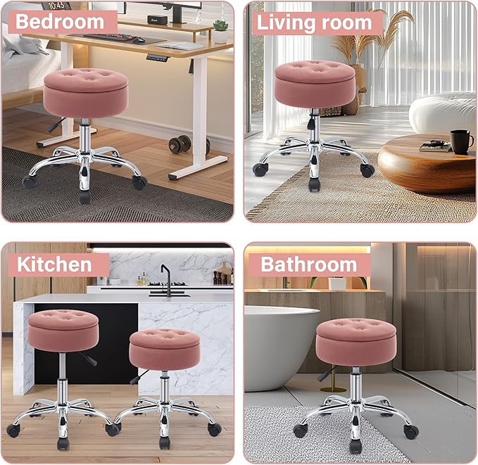 Gitrah Vanity Chair with Wheels Adjustable Vanity Stool with Storage Swivel Vanity Stool for Vanity Rolling Makeup Chair Pink