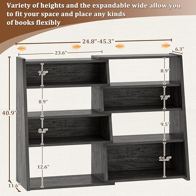 Armocity Expandable Bookshelf, Short Corner Bookshelf for Small Spaces, Small Ladder Book Shelf, Extendable Wood Narrow Bookcase for Living Room, Bedroom, 5 Tier, Grey Oak