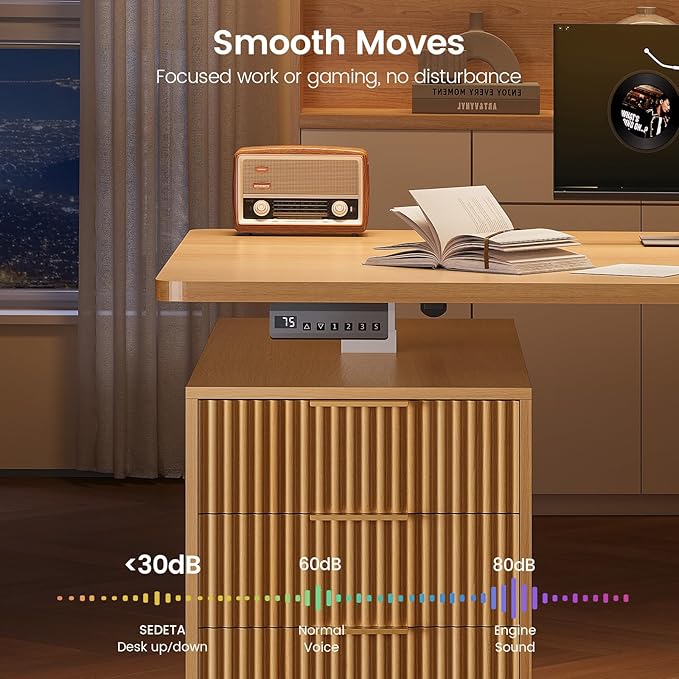 SEDETA Electric Standing Desk with 6 Drawers, 55" Adjustable Stand up Desk with Storage, Fluted Computer Desks with Power Outlets for Home Office, Oak