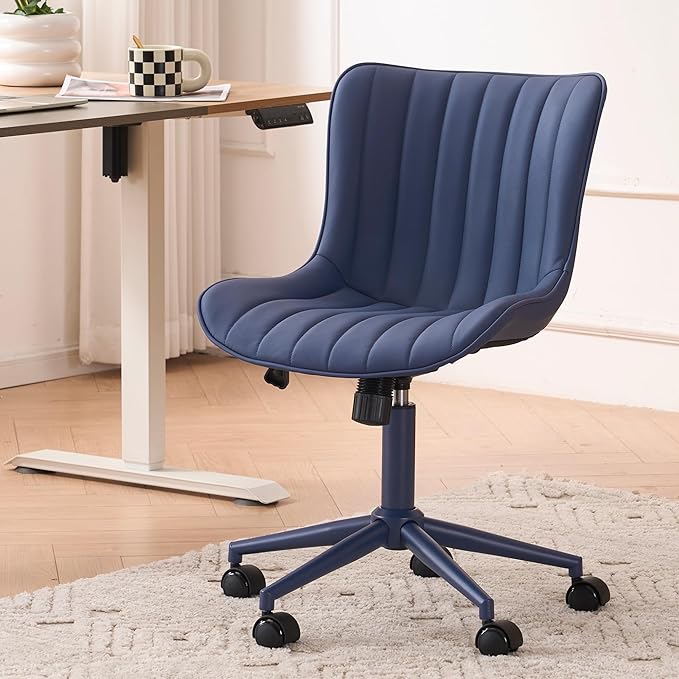 YOUNIKE Home Office Desk Chair with Wheels Armless Vanity Chair with Back Comfy Modern Leather Upholstered Rolling Task Chair Swivel Small Cute Sewing Chair No Arms Wide Adjustable Ergonomic Navy Blue