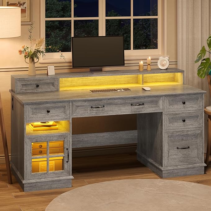 HAUOMS Farmhouse Executive Desk with Drawers Computer Desk with File Drawers, Power Outlet and Led Lights, Executive Office Desk with Storage Cabinet and Monitor Shelf for Home Office, Grey