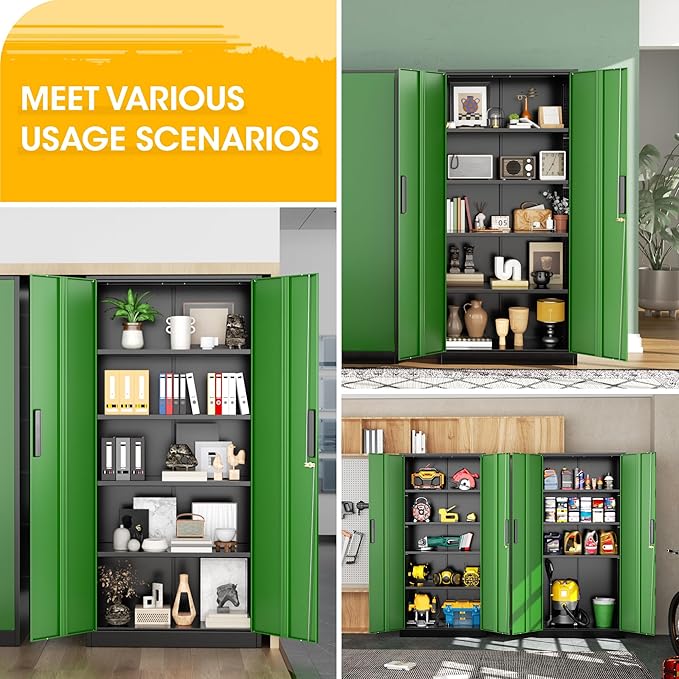 Greenvelly Metal Storage Cabinet, Steel Garage Cabinet with Doors and Adjustable Shelves, Metal Cabinet with Lock,Tall Metal Office Storage Cabinet for Garage,Home Office,School (Black Green)