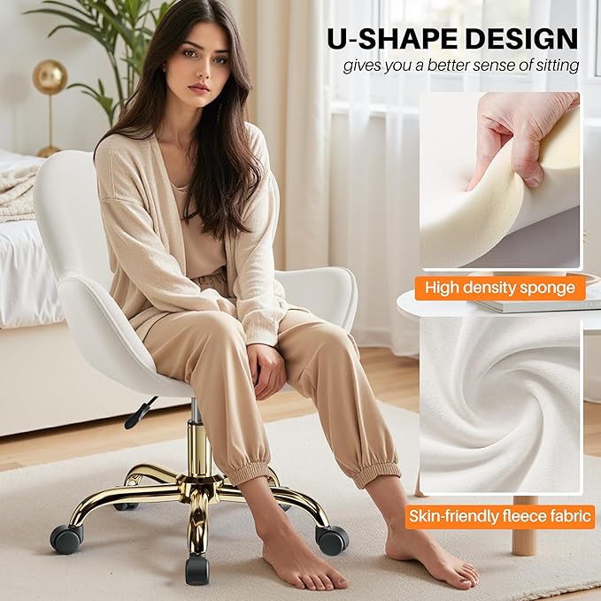 Vanity Chair with Wheels, Cute Home Office Desk Chairs Adjustable Height for Living Bedroom, Small Modern Fluffy Velvet Makeup Chair with Back for Girls (White)
