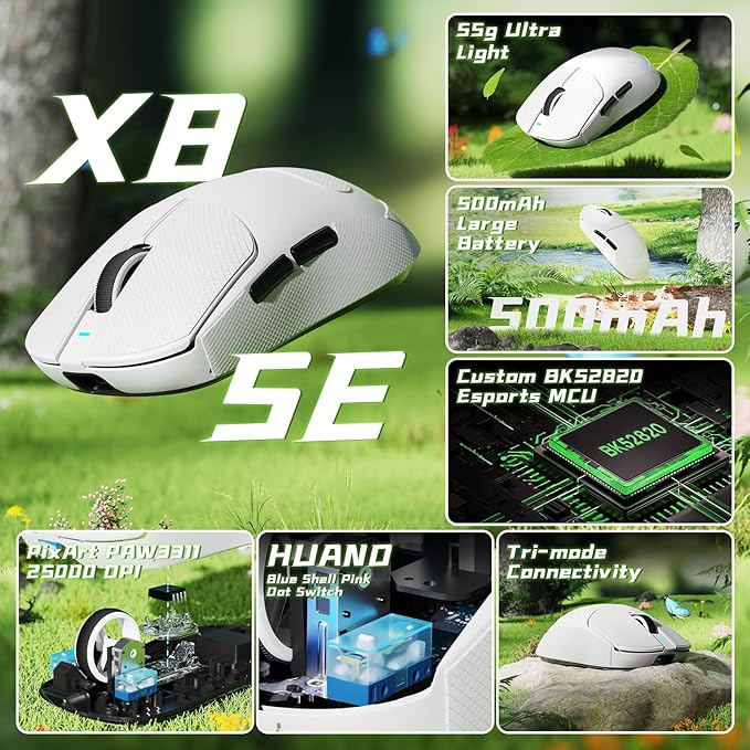 ATTACK SHARK X8 SE Wireless Gaming Mouse,55g Ultra-Lightweight Wired/BT/2.4GHz Wireless Programmable Mouse,1K Polling Rate,PixArt PAW3311 Gaming Sensor,25000 DPI,Tape,Gamer Mice for PC/Win/Mac (White)