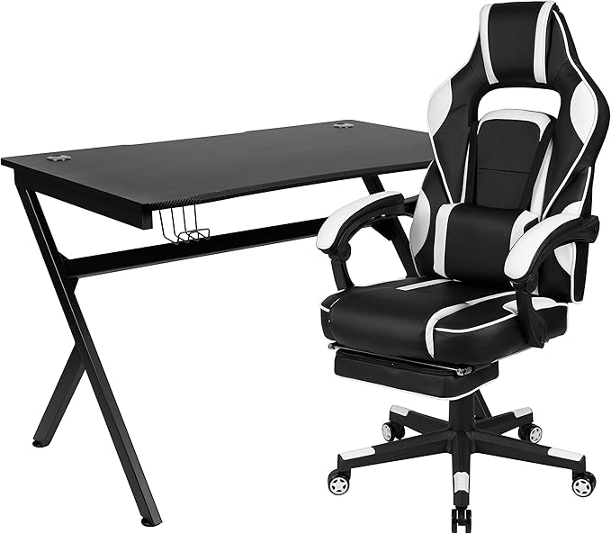Flash Furniture Black Gaming Desk with Cup Holder/Headphone Hook/2 Wire Management Holes & White Reclining Back/Arms Gaming Chair with Footrest