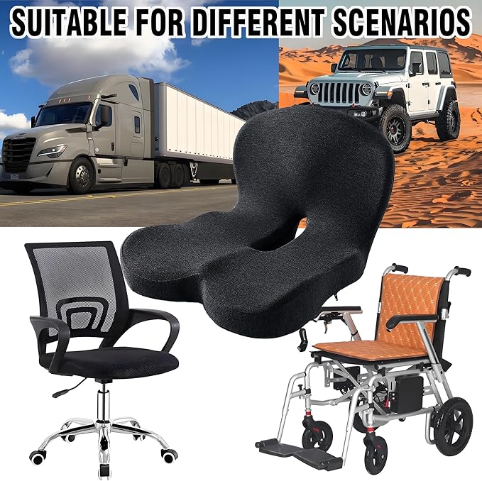 Memory Foam Seat Cushion for Truck Drivers, Office Chairs, Car Seats Ergonomic Chair Cushion, Sciatica & Tailbone Relief Ergonomic Pressure Relief Pad for Long Sitting (Black)