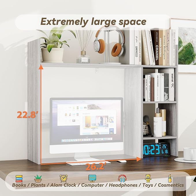 FTZxHKLX Desktop Bookshelf, Wooden Desk Hutch for Computer Monitor Up to 27'' with 3 Open Storage Shelves, Large 4-Tier Desk Organizer for Dorm Office Home, Wash Grey