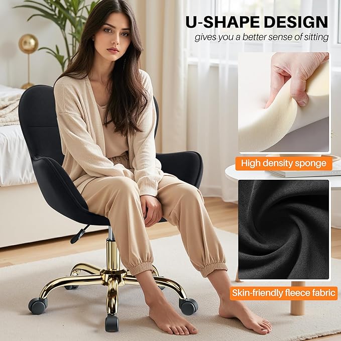 Vanity Chair with Wheels, Cute Home Office Desk Chairs Adjustable Height for Living Bedroom, Small Modern Fluffy Velvet Makeup Chair with Back for Girls (Black)