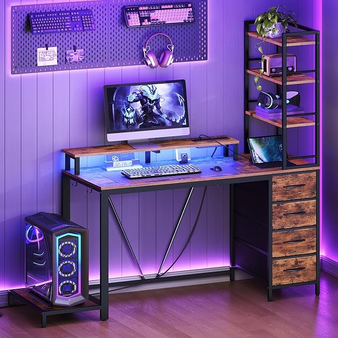 RALGEND 43.3 Inch Computer Desk with 4 Fabric Drawers, Gaming Desk with Storage, Shelves & Power Outlet, Industrial Gaming Desk with Hutch, LED Lights and Monitor Stand, for Home Office, Rustic Brown