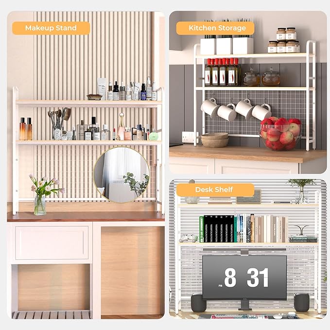 FAHKNS 2-Tier Desktop Bookshelf - Metal Desktop Bookshelf Organizer，Desk Book Organizer with 3 Hooks & DIY Storage Mesh，Suitable for Office/Game Room/Study/Powder Room（White）