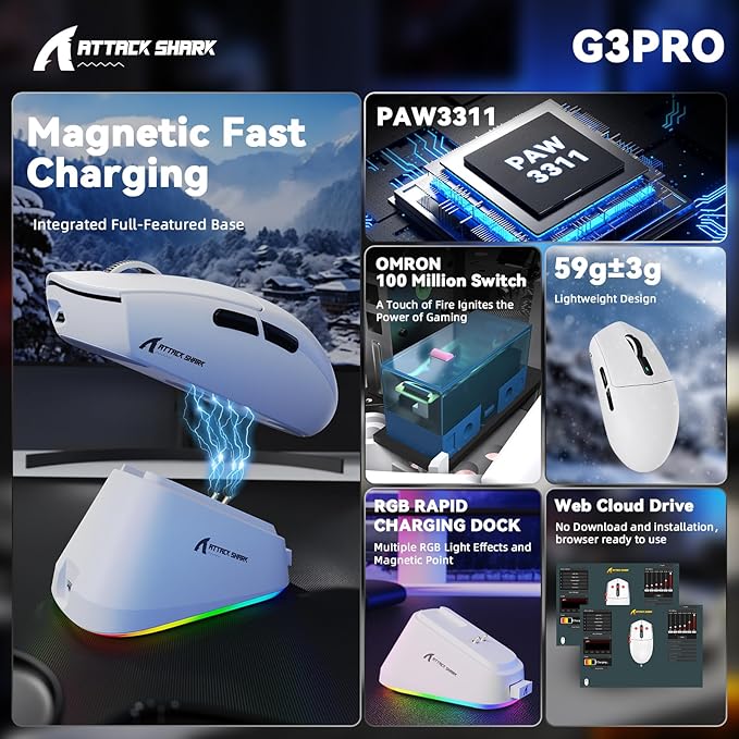 MAMBASNAKE ATTACK SHARK G3PRO Wireless Gaming Mouse, Tri-Mode, Bluetooth/2.4G/USB, 59g Ultra Lightweight,25K DPI,100M Clicks Switches,RGB Magnetic Charging Dock,PAW3311 Sensor,BK52820 Chip-White