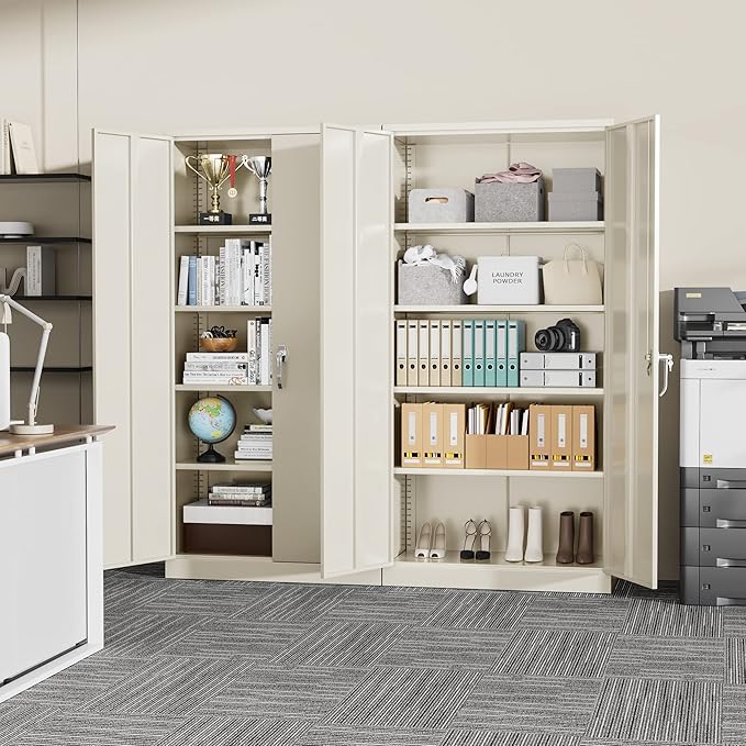 SUNCROWN 72" Metal Storage Cabinet - Heavy-Duty Metal Garage Cabinet with 4 Adjustable Shelves & 2 Doors for Tools, Office, Home, Workshop,Warm Grey