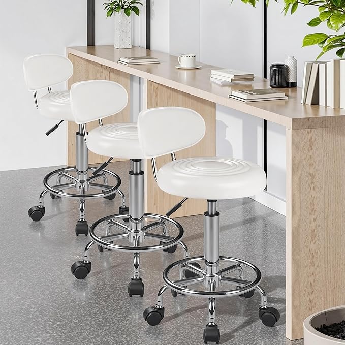 VECELO Home Office Desk Chair with Backrest & Wheels | PU Leather Rolling Office Chair for Drafting, Salon, Spa(White, with Back)